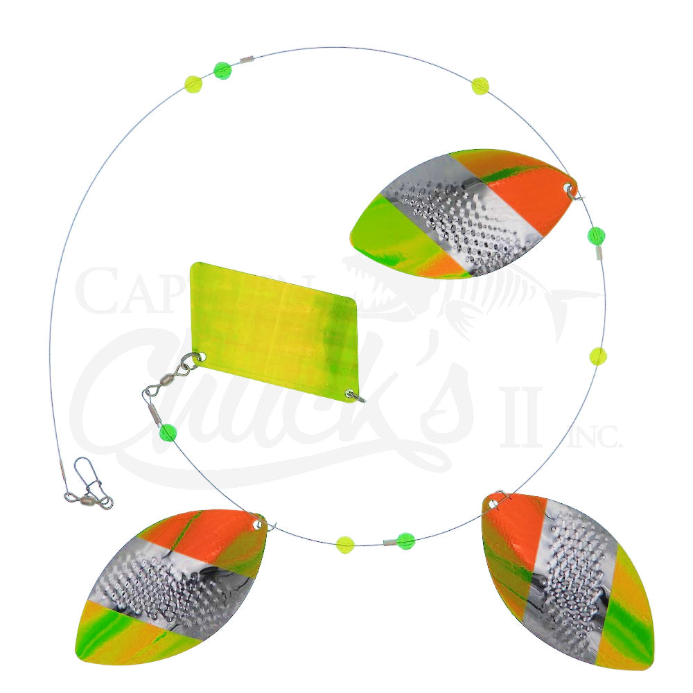 arnie's cowbell fishing lures Opti Tackle Hammerhead Tackle Spinner in Yellow Mountain Dew/Glow Green Back | Size: 5" | Steel 36 in.Weight Cowbell High Speed Wahoo Lure