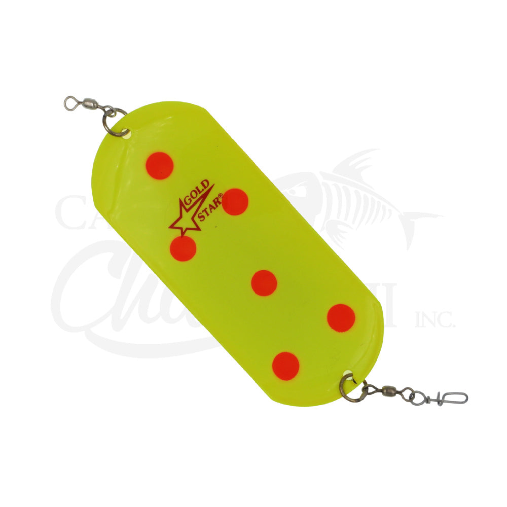Silver Horde Stubby Fishing Dodger Chartreuse-Fire Dot